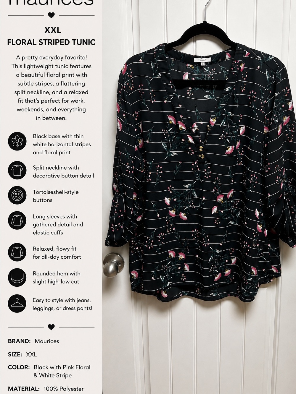 Maurices Black Floral Tunic with Pink & White Accents